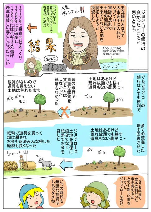 ジョン・ローは性格は最悪だけど、頭は良かったんだろう。ただ無茶苦茶な投資して崩壊していくのは、その後の歴史でも定番でもあるので、人の性なのだろうなぁ 