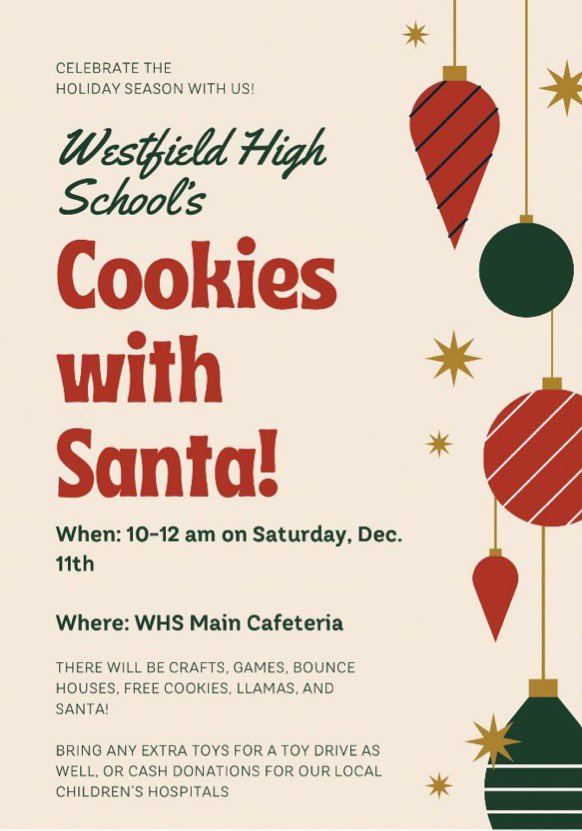 Please join the Westfield Student Government on Saturday, December 11th for our annual Cookies with Santa event! Check out the details on the infographic and feel free to DM us if you have any questions! We hope to see you there!