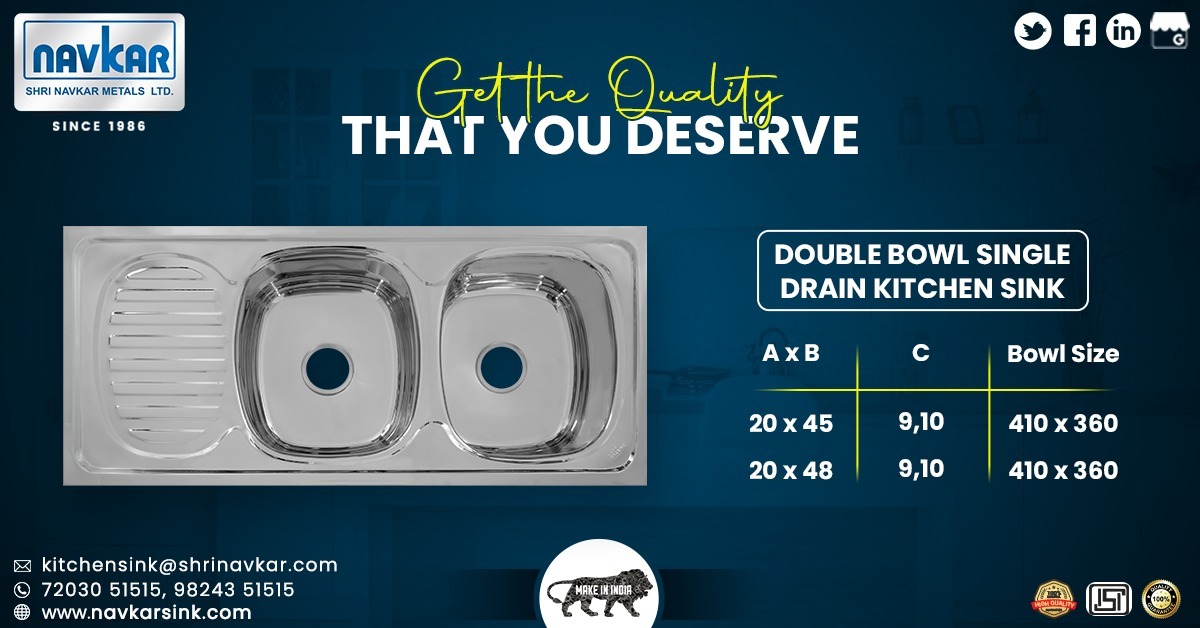 Our double bowl single drain kitchen sinks are available in various sizes to fit your kitchens perfectly. Enjoy high-quality designs and an impeccable finish with our stainless steel sinks! 
Call us now to place your order.