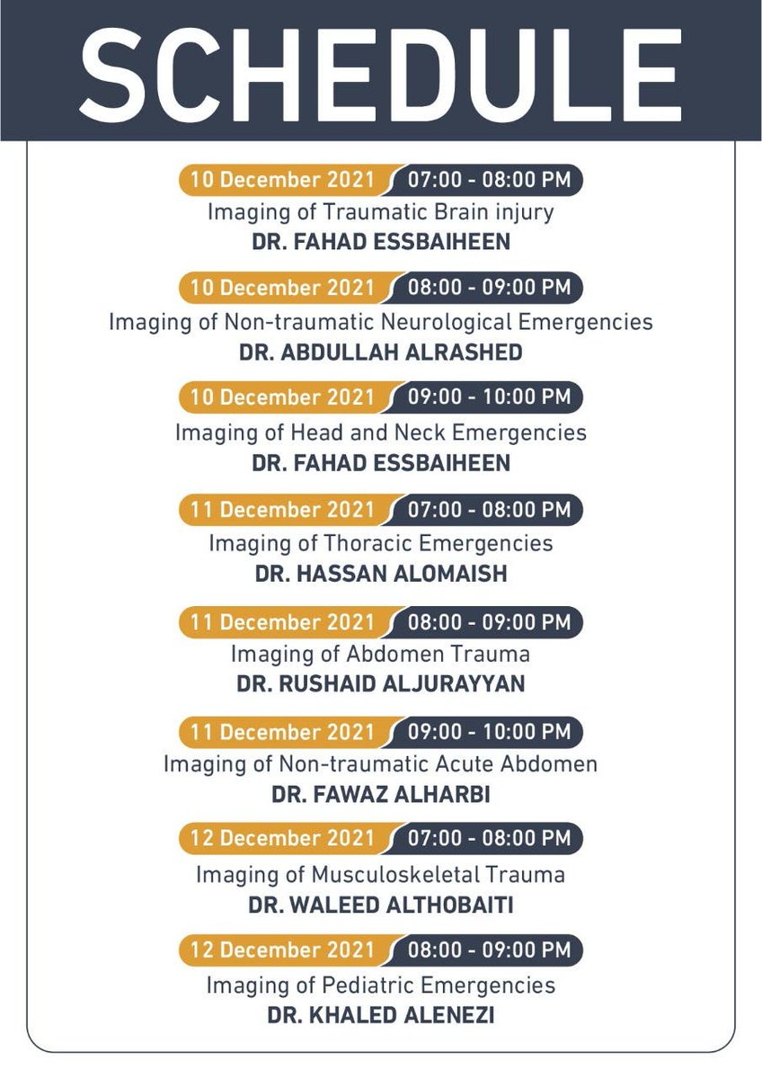 بعد نجاح منقطع النظير للدورة الثانية من "مئة حالة طارئة في تخصص الأشعة"؛

يسرنا أن نعلن عن الدورة الثالثة والتي ستقام بتاريخ:
10 - 12 ديسيمبر 2021
إن شاء الله..

للأطباء المقيمين والطوارئ، وطلاب الأشعة التشخيصية، وفنيي الأشعة.

لاتفوتوا فرصة التسجيل :
bit.ly/3HERC