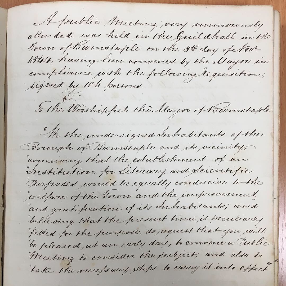 Where it all began 177 years ago this month...the hand written minutes of a public meeting which called for the establishment of the Barnstaple Literary & Scientific Institute.✍️📖
#Handwriting 
#EYAHandwriting
#ExploreYourArchiveWeek
#WhereItAllBegan