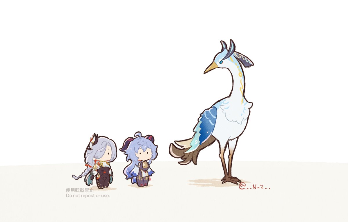 ganyu (genshin impact) ,shenhe (genshin impact) multiple girls 2girls crane (animal) bird chibi horns blue hair  illustration images