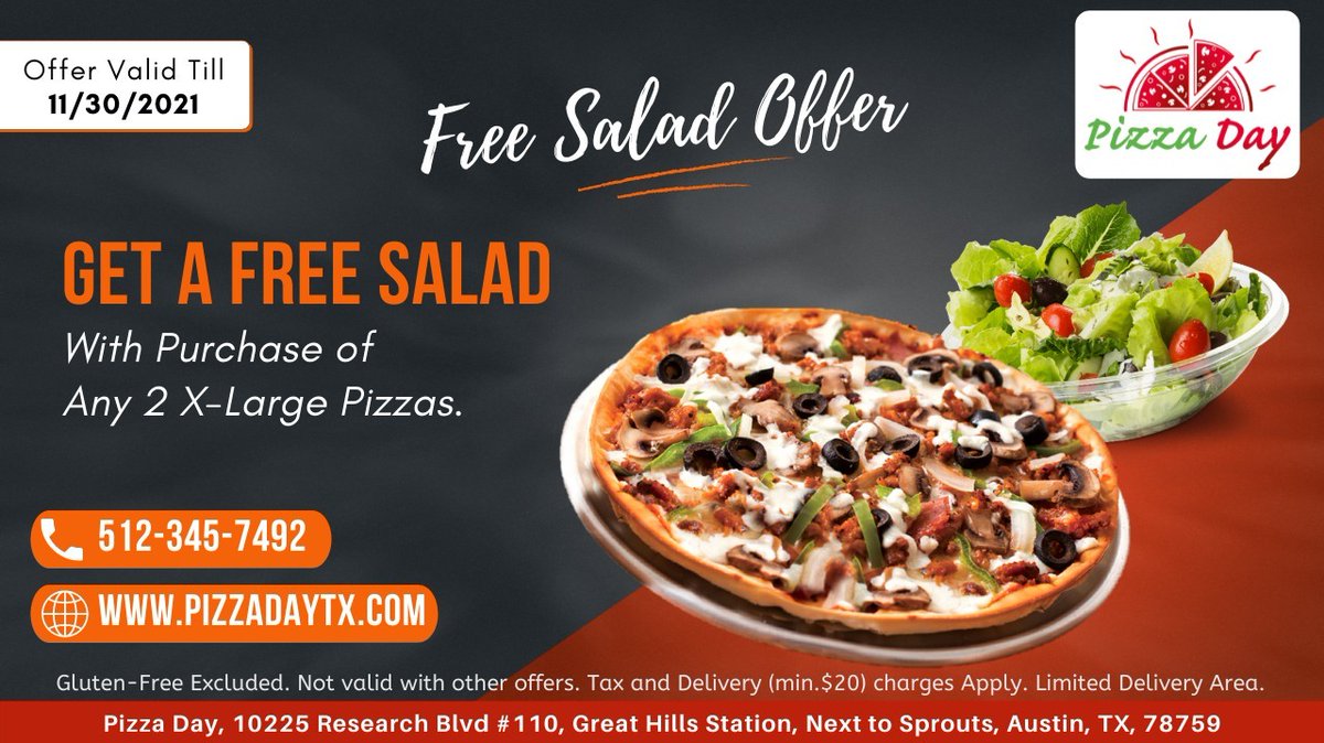 Offer! Get A Free Salad with Purchase of Any 2 X-Large Pizzas. Call to Order: 𝟓𝟏𝟐-𝟑𝟒𝟓-𝟕𝟒𝟗𝟐 Order