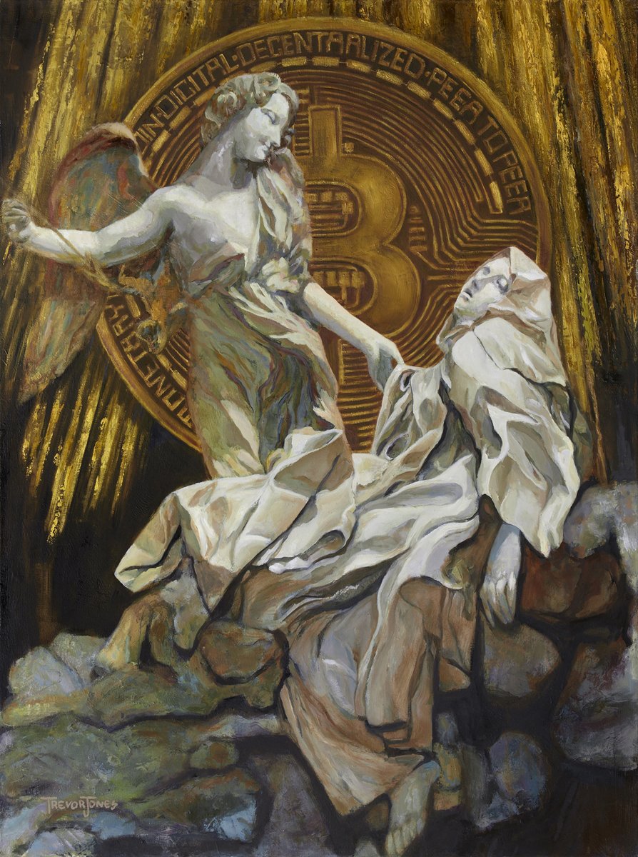 trevorjonesart's tweet photo. 3 years ago today 10,000+ people at the Edinburgh Art Fair walked past my #BitcoinAngel, the McAfee portrait, Bull &amp; Bear oil paintings and more but nothing sold. No one here was interested in crypto themed artwork. Hope, patience and perseverance for the #win https://t.co/BNebshWWfZ