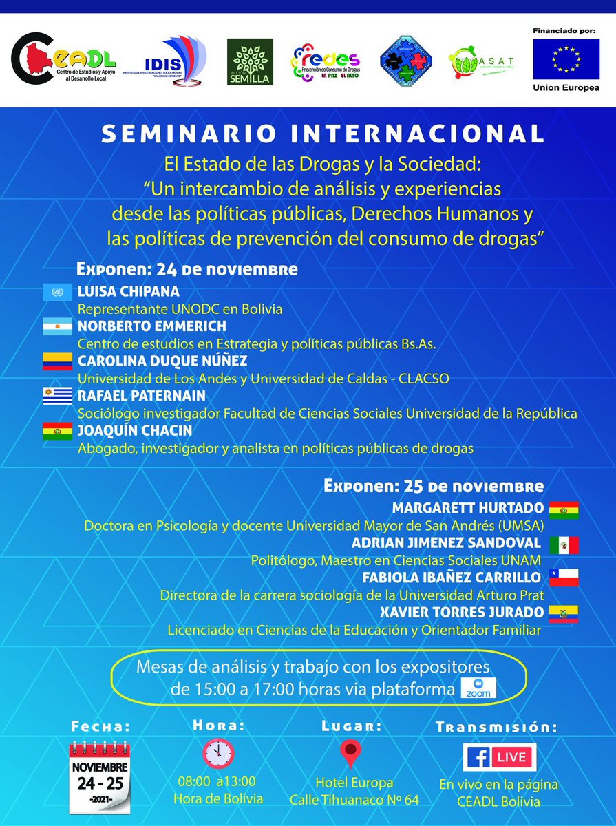 ceadl's tweet photo. ¿Quieres participar del Seminario “El Estado de las Drogas y la Sociedad: Intercambio de análisis y experiencias desde las políticas públicas, Derechos Humanos y políticas de prevención del consumo de drogas” 
PRESENCIAL: https://t.co/AxdCuNXPRy 
VIRTUAL: https://t.co/4tG8R24Wdo https://t.co/wU9dhJjNER