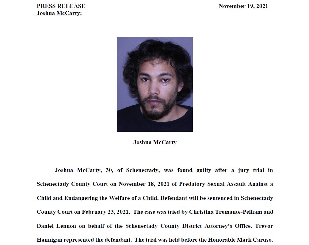 DASchenectady's tweet photo. Schenectady County jury finds defendant guilty in Predatory Sexual Assault Against a Child case. Please see the attached press release. https://t.co/GoSNo5y2rI