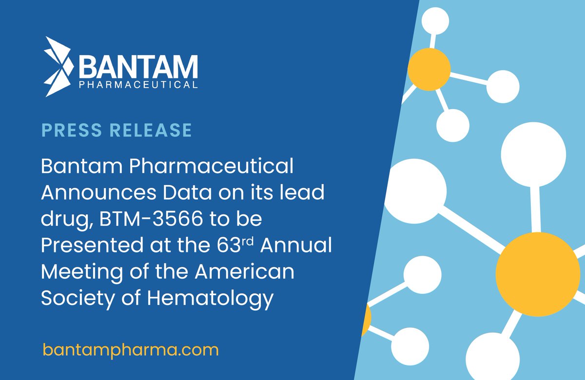 bantampharma's tweet photo. We are excited to announce that data on our lead drug, BTM-3566 will be presented at the upcoming Annual Meeting of the American Society of Hematology.  Read more here https://t.co/AzeWjnYLPS #ASH21 https://t.co/ipl97y6Oa0