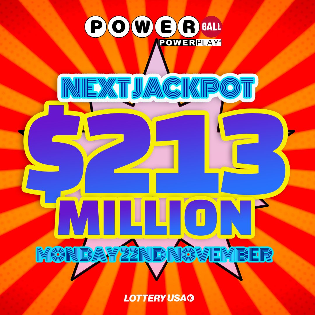 Tonight's Powerball draw has an estimated $213 million jackpot, which means the cash value is $152.9 million!

Visit Lottery USA after the draw to check the numbers: https://t.co/hw7TFVnbLj

#lottery #powerball #lotteryusa #jackpot #lotterynumbers https://t.co/Tbwc78bMIz