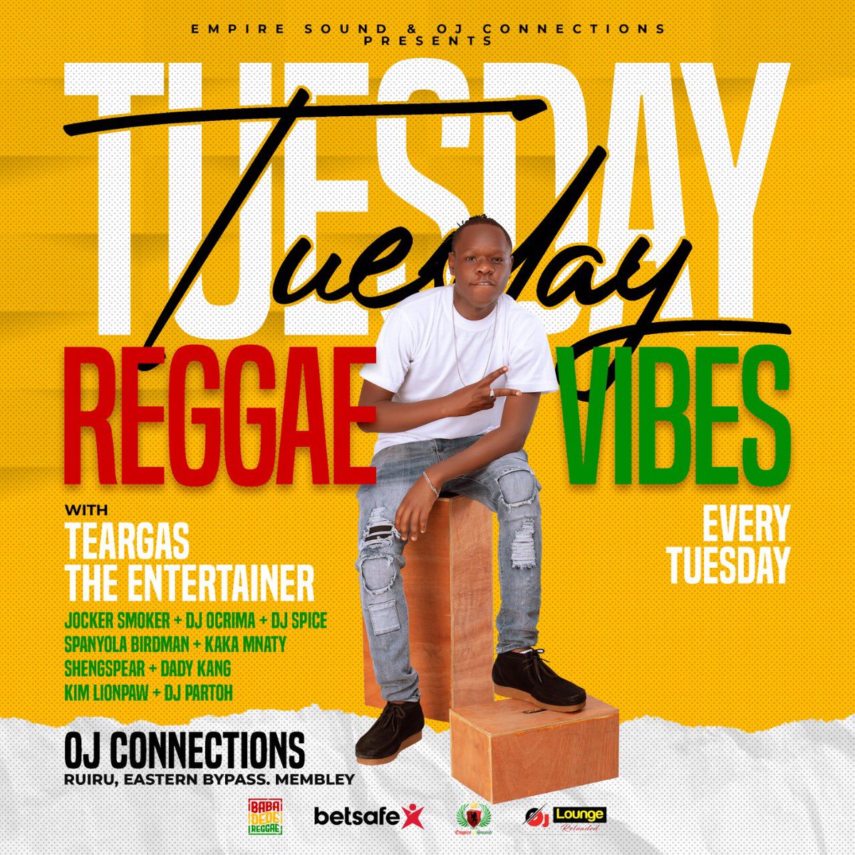 Join us this Tuesday @ OJ CONNECTIONS-Membley/Ruiru>>Northern Bypass #TuesdayReggaeVibes yes this Tuesday from 12noon-OJ RELOADED #babadedereggae #betsafe #DimbaNaDoba #smsdedeto23333 @betsafe_kenya