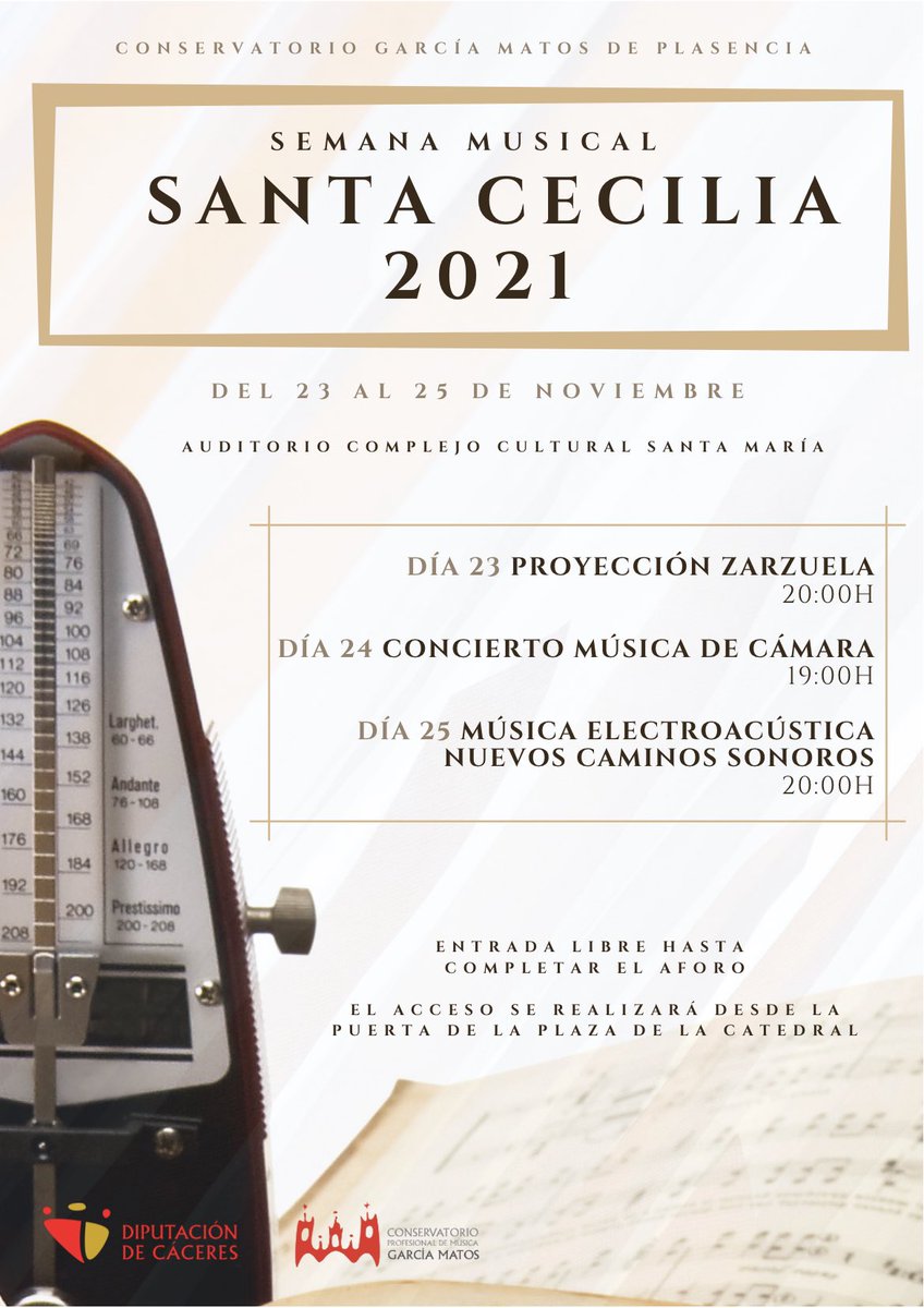 🎶 El #Conservatorio García Matos de #Plasencia, de <a href="/DiputacionCC/">DiputacionCC</a>, ofrece un ciclo de conciertos y charlas musicales para celebrar la semana de la patrona de la música, #SantaCecilia. 23, 24 y 25 de noviembre, en el Auditorio del Complejo Cultural Santa María.