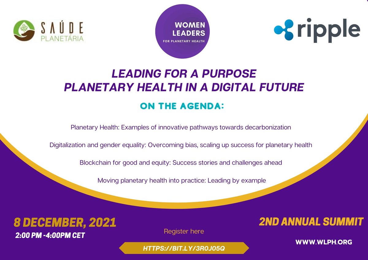 Join us! 
"Leading for a Purpose: #PlanetaryHealth in a #Digital Future" 

On the occasion of our 2nd anniversary, we are pleased to partner with <a href="/SaudePlanetaria/">Saúde Planetária Brasil</a> and <a href="/Ripple/">Ripple</a> to offer you an exciting event.

📌 8 December (2-4PM CET)

📢 Register here:
bit.ly/3r0j05Q