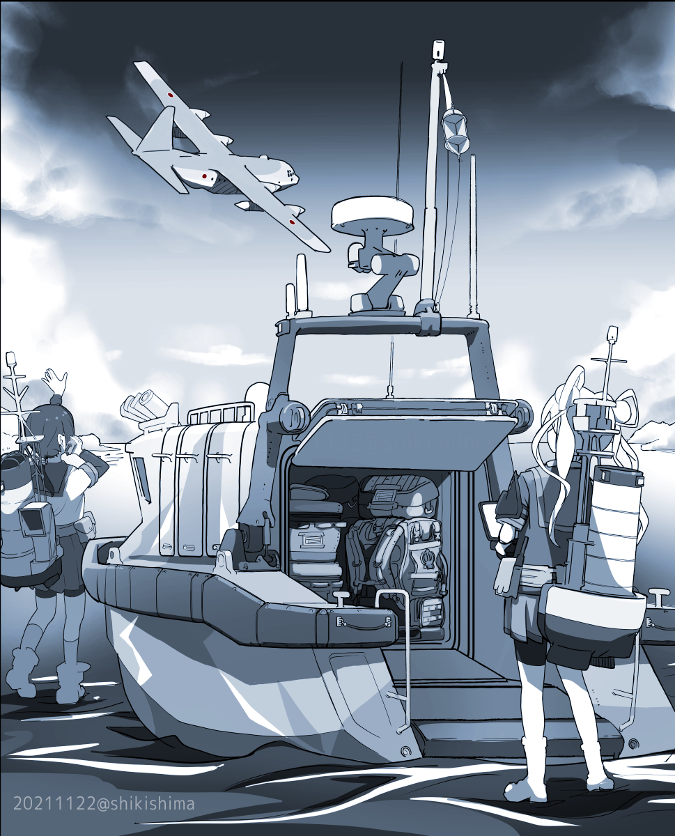 「新装備の無人輸送艇を運用する阿武隈。輸送艇は輸送機からの空中投下によって艦隊に合」|しきしまのイラスト