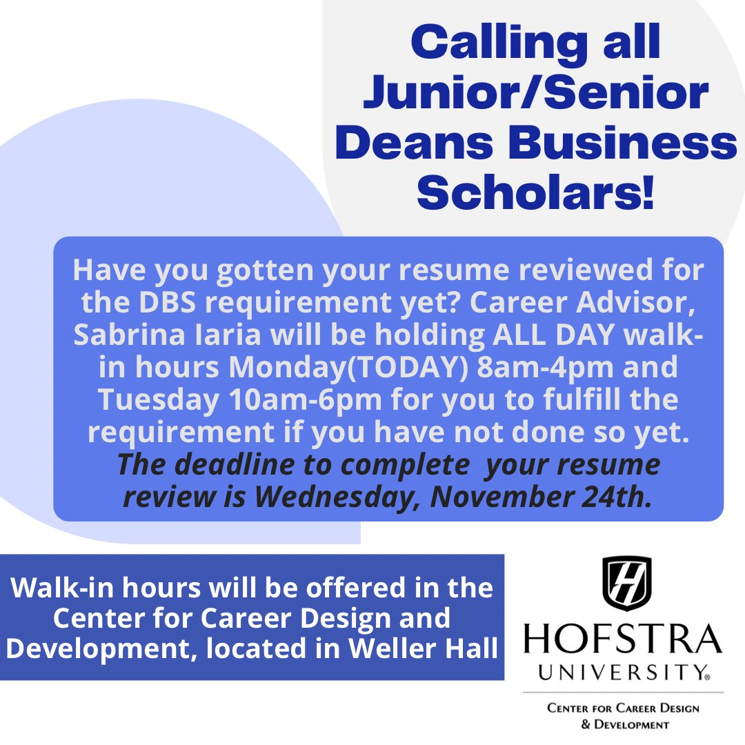 If you are a Deans Business Scholar who hasn’t fulfilled the resume requirement, there’s still time! Stop by Sabrina’s open hours in Weller Hall!