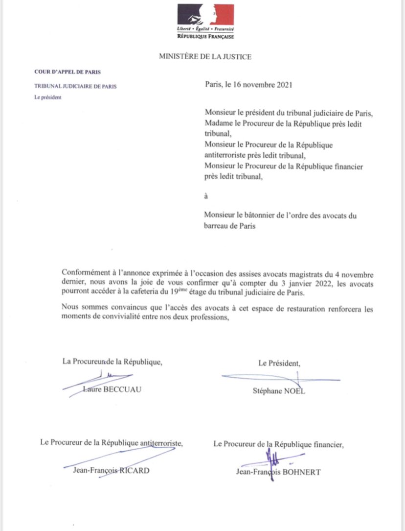 Ce sont les petites choses qui rapprochent la grande famille judiciaire et qui facilitent le quotidien des avocats. La cafétéria du 19eme étage du TJ nous est désormais ouverte ! Merci aux chefs de juridiction pour cette avancée.
