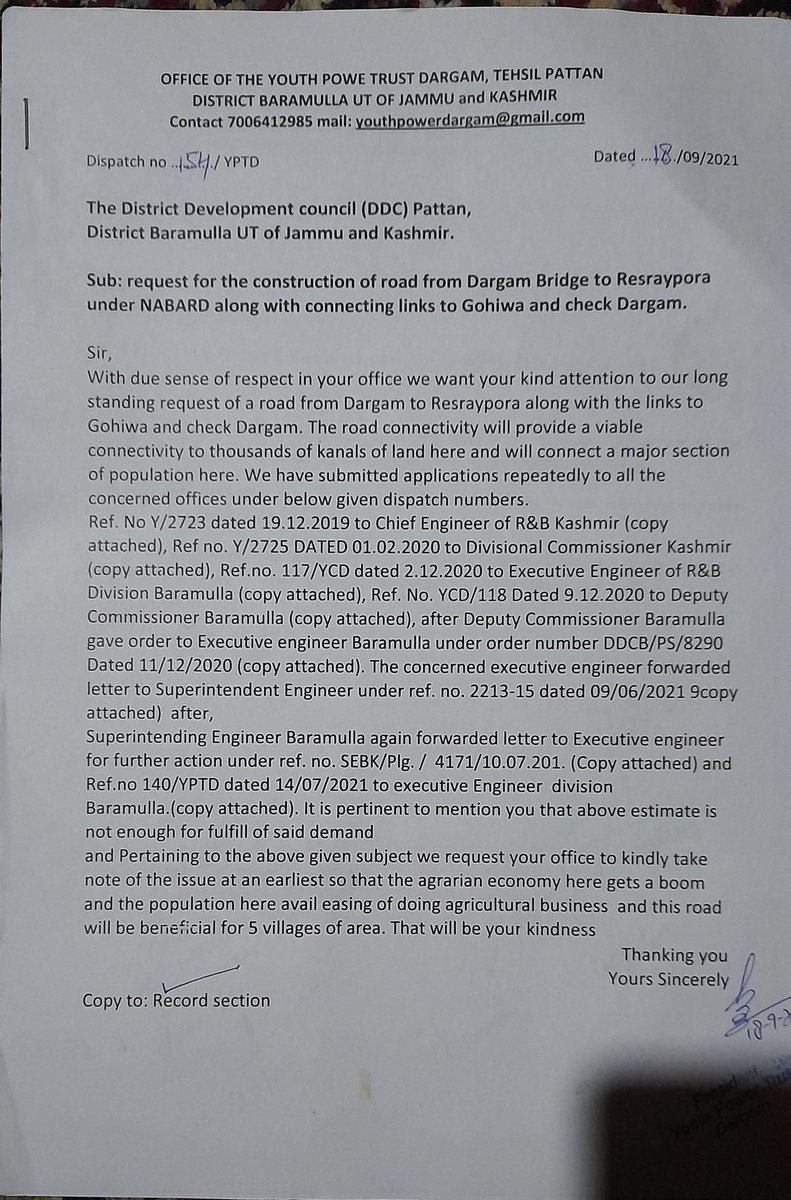 Dargamyouth's tweet photo. Respected DDC chairman  @SafinaMBaig Madam. From last 15 years we are demanding road form Dargam  to Resraypora etc. mentioned in letter. Now the concerned  officials are taken up this road in @NABARDOnline. Now we are also hopeful  for the said project will sanctioned in 2022. https://t.co/JCYMbsXK0x