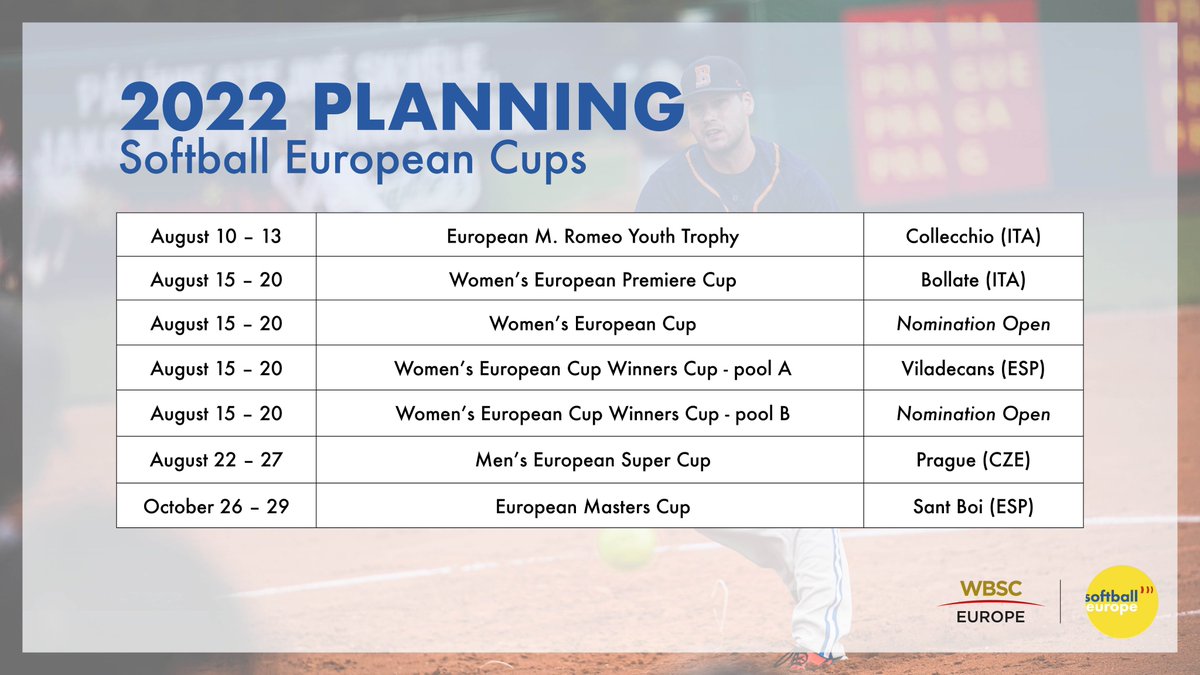softball_europe's tweet photo. Six European Championships and seven European Cups will take place in 2022 🥎
Two Softball events are still missing a host. Bids can be sent until December 31, 2021 🏆
#lovesoftball @WBSCEurope @WBSCsoftball @WBSC https://t.co/5fkMrVcxAm