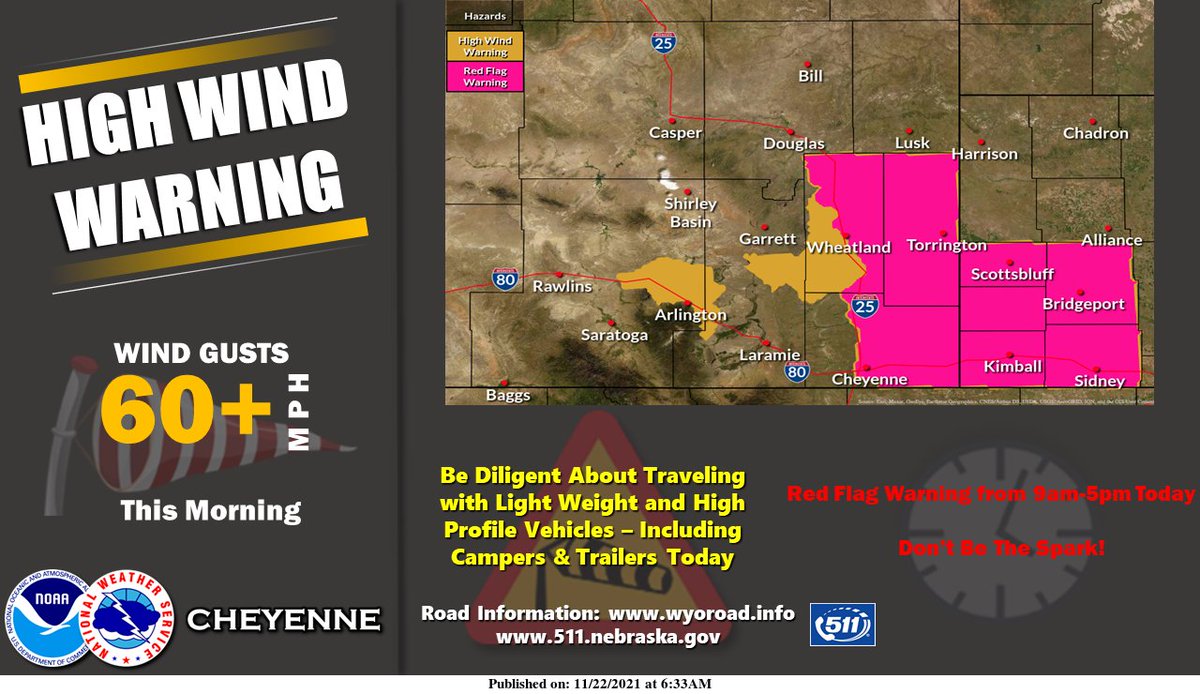 NWSCheyenne's tweet photo. A High Wind Warning for wind prone areas of the higher terrain exists for this morning, and a Red Flag Warning for critical fire weather conditions across portions of the forecast area also exists today from 9am-5pm MST. #wywx #newx #wyoroad #neroad https://t.co/RZu8RUE54p