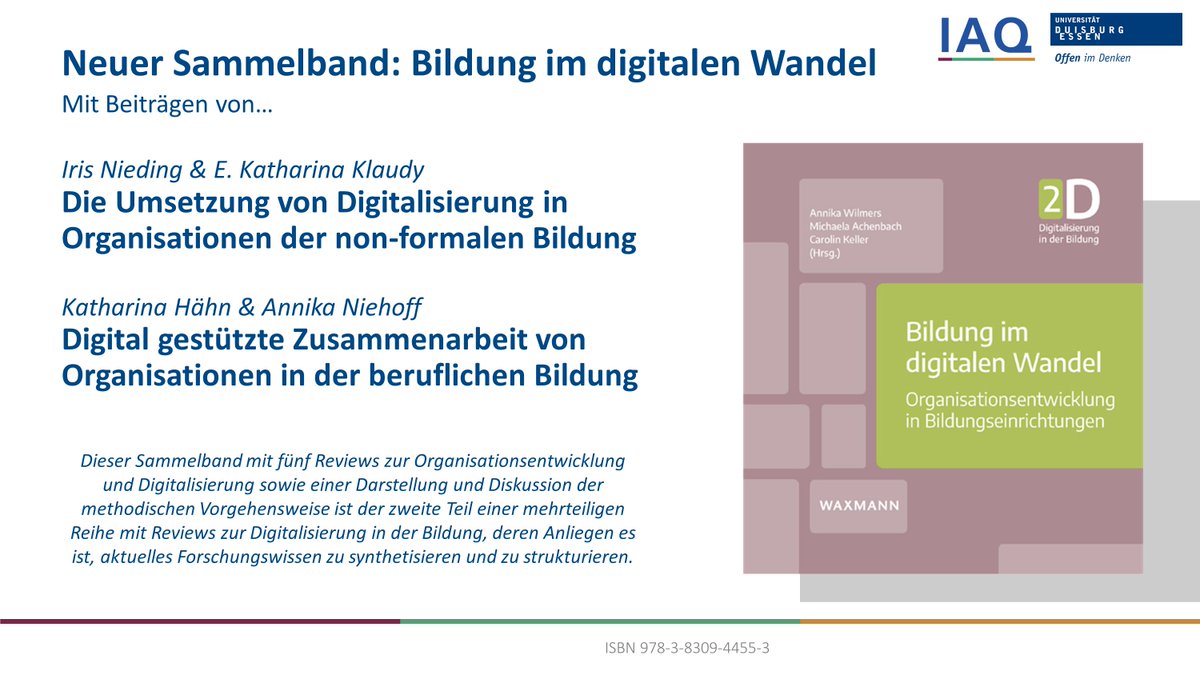 Kürzlich ist der 2. Band aus der Reihe "Digitalisierung in der Bildung" im Rahmen des Metavorhabens #DigiEBF erschienen. Mit Beiträgen des <a href="/BEST_IAQ/">BEST@IAQ</a> <a href="/IWMtue/">IWM Tübingen @IWMtue@wisskomm.social</a> @learninglab <a href="/DIE_Bonn/">Deutsches Institut für Erwachsenenbildung</a> und <a href="/dipf_aktuell/">DIPF</a> zur #Organisationsentwicklung und #Digitalisierung in Bildungseinrichtungen ⬇️