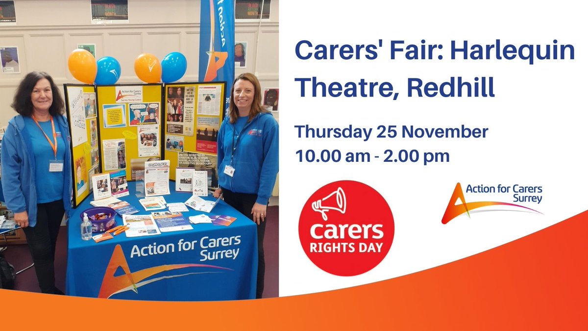 Come along to our Carers’ Fair at @HarlequinTheat on Thursday to meet ACS staff and many other useful organisations. Find out how we can help you as a carer, and ask questions about your caring role. #CarersRights #UnpaidCarers #Redhill @WhatsOnSurrey actionforcarers.org.uk/event/carers-f…