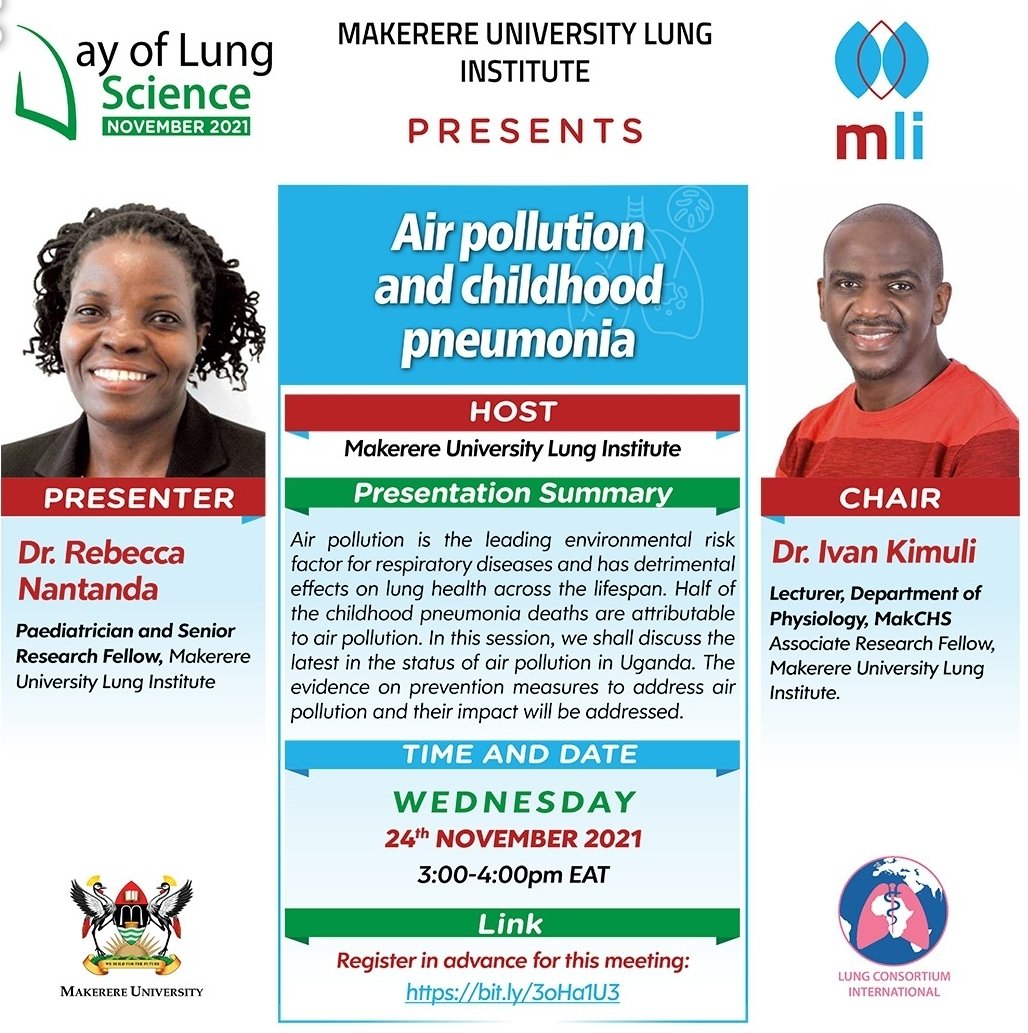 Lung_Institute's tweet photo. Half of #childhood #pneumonia deaths are attributable to #AirPollution. Your favourite monthly program; #DayOfLungScience resumes this Wednesday with Dr @rnantanda taking us through this pertinent lung health issue. Register using link https://t.co/omslBQimYl @MinofHealthUG https://t.co/MIvN4wsFHo