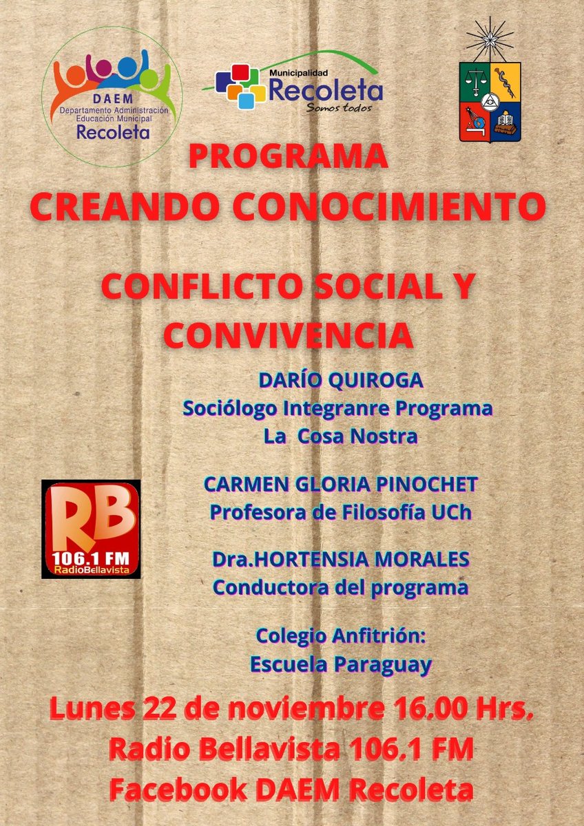 DaemRecoleta's tweet photo. DAEM #Recoleta
Hoy en nuestro programa radial online CREANDO CONOCIMIENTO:
Conflictos sociales y convivencia. https://t.co/iKPCHuJF7L