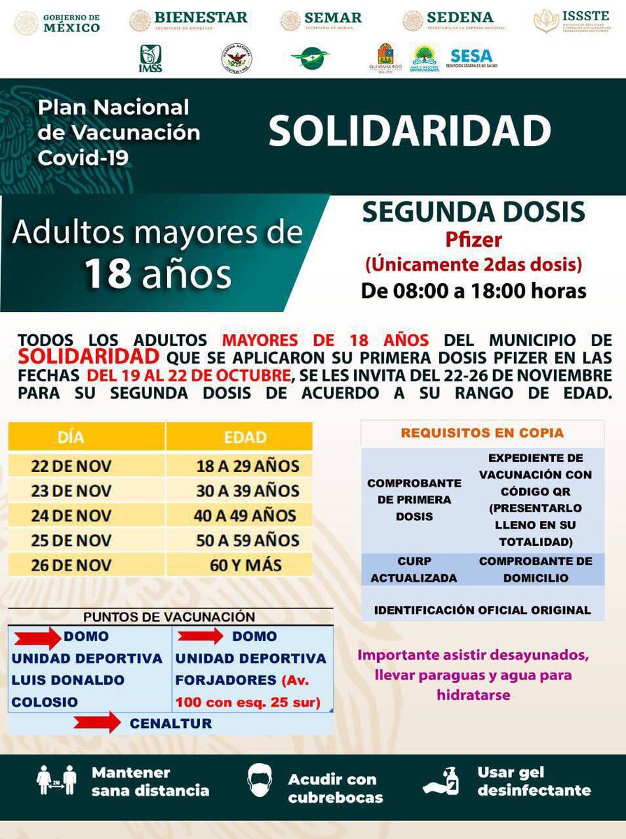 Quintanarroenses, esta semana tenemos aplicación de segundas dosis Pfizer para personas de 18 años en adelante en #BenitoJuárez y #Solidaridad. Les comparto los módulos de vacunación disponibles. #PonteVIVO <a href="/SESA_QROO/">SESA Quintana Roo</a>