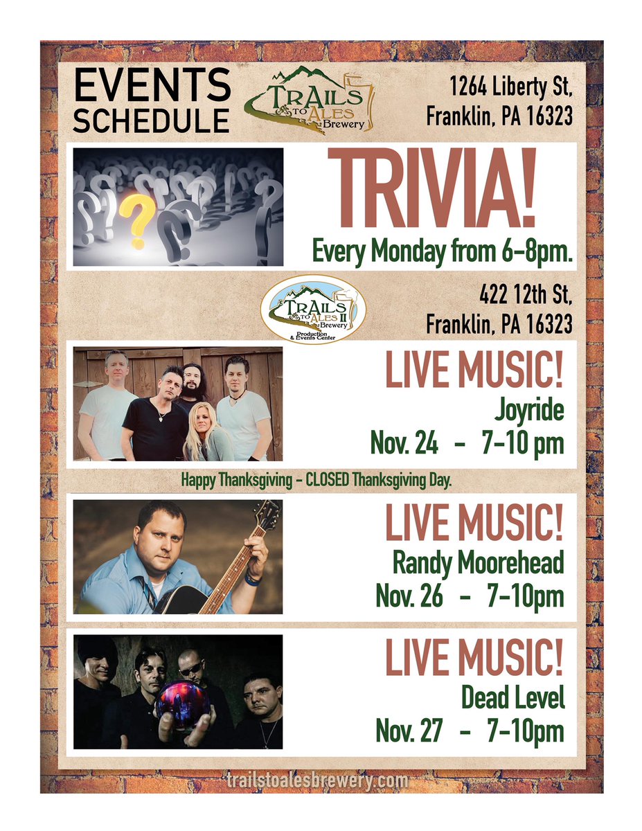 Here's what's happening this week! 🍻
Come join us for a wonderful selection of beer, slushies, cocktails, food, and some great entertainment.  Happy Thanksgiving! 
#TrAils2Ales #Events #GreatFood #Beer #DrinkLocal #LiveMusic