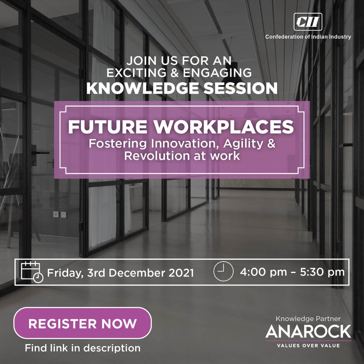 ANAROCK's tweet photo. Gear up for an exciting #KnowledgeExchangeSession that delves into the "Future of Workplaces - Fostering Innovation, Agility and Revolution at work. "
Click here to register: https://t.co/HPnM0TFExe
@TheAnujPuri @FollowCII #ANAROCKxCII #registernow #upflexindia https://t.co/5WQa5iGnZ6