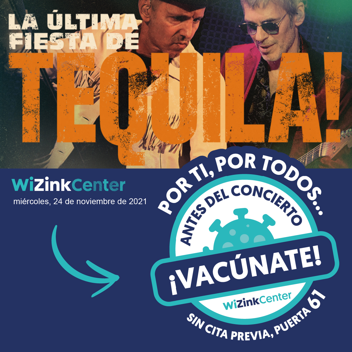 Si vienes mañana a ver a <a href="/Tequila_rockOfi/">Tequila! rock</a> , recuerda, puedes vacunarte sin cita accediendo por nuestra puerta 61. Si no estás vacunado, te falta alguna dosis, o tienes que ponerte una tercera ¡aprovecha!