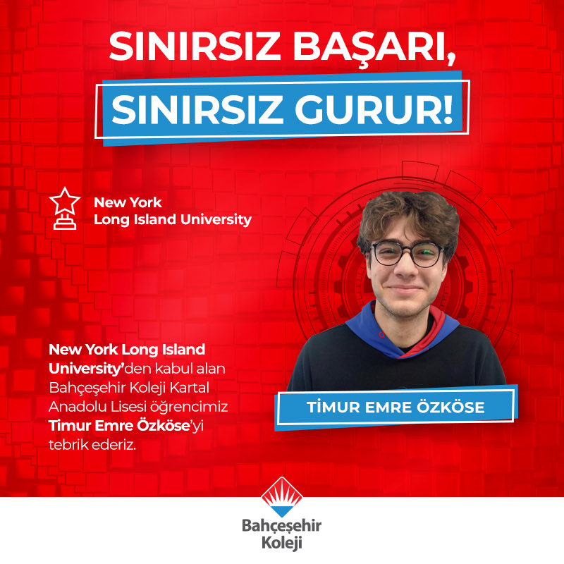 Sınırsız Başarı,Sınırsız Gurur!

Kartal Anadolu Lisesi öğrencimiz Timur Emre Özköse, New York Long Island University’den kabul aldı.

Gururluyuz!❤️💙
Yolun açık olsun sevgili Timur Emre ✨

#bahçeşehirkoleji