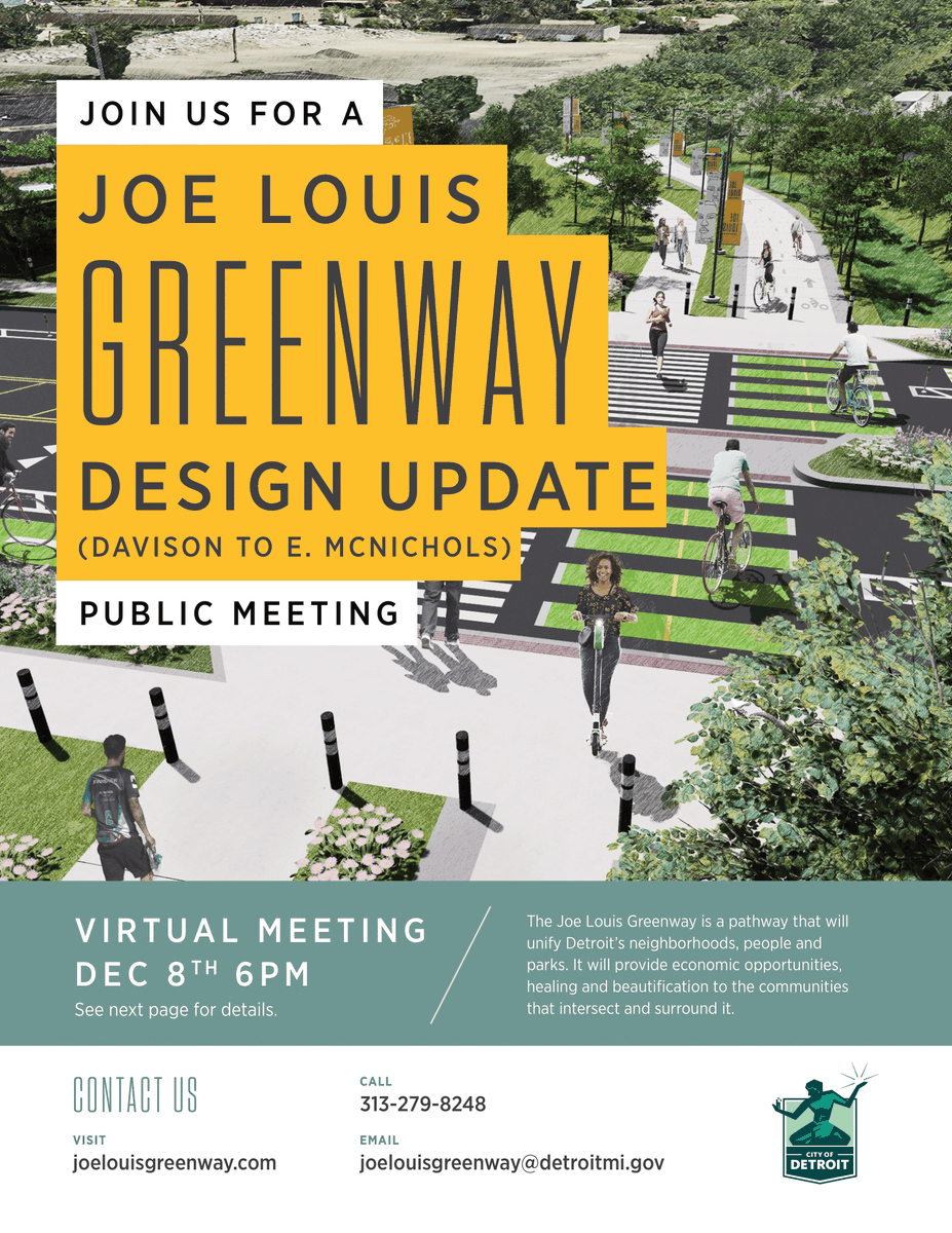 Joe Louis Greenway community mtg set for December 8th 6pm with focus on segment btwn Davison &amp; E McNichols including Highland Park.
detroitmi.gov/events/joe-lou…