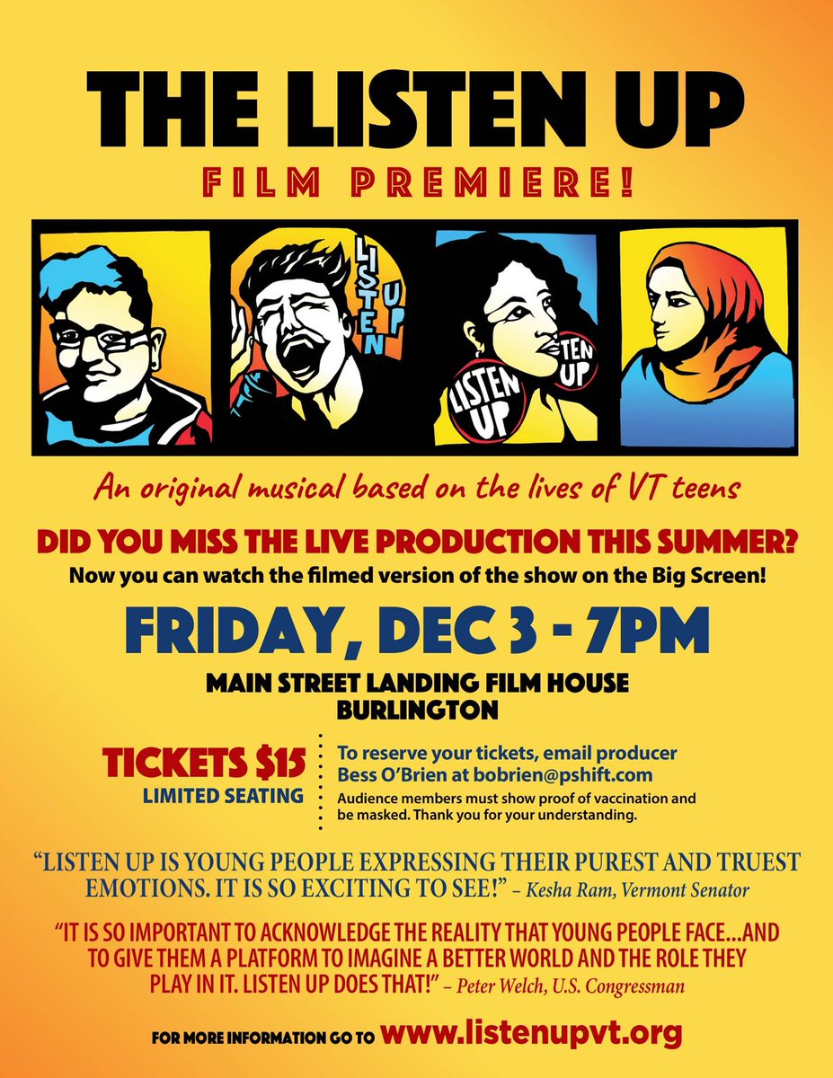 VT friends: If you missed the Listen Up project live, be sure to catch the premiere of the film. These kids are unbelievably talented, and they have something to say that we all need to hear. Get your tickets now!