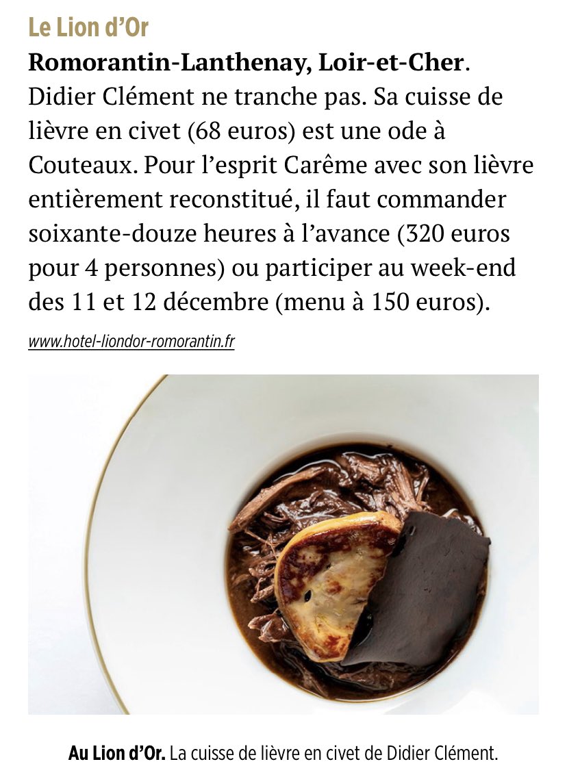 Le lièvre à la royale, un plat d’exception lepoint.fr/gastronomie/ga… #didierclement #grandhotelduliondor #sologne