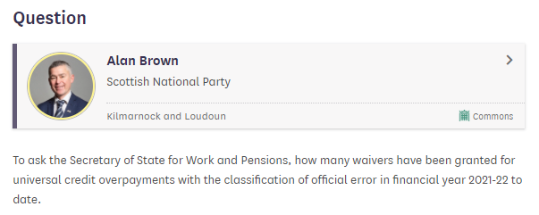 KevinHiggins27's tweet photo. BREAKING
Excellent @AlanBrownSNP PQ re #UniversalCredit waivers - where an overpayment is written-off.
Unbelievably low
Would be interesting to know the number of requests for a waiver.
Is the issue lack of awareness amongst claimants or lack of compassion by decision makers? https://t.co/eHxT2WHdij