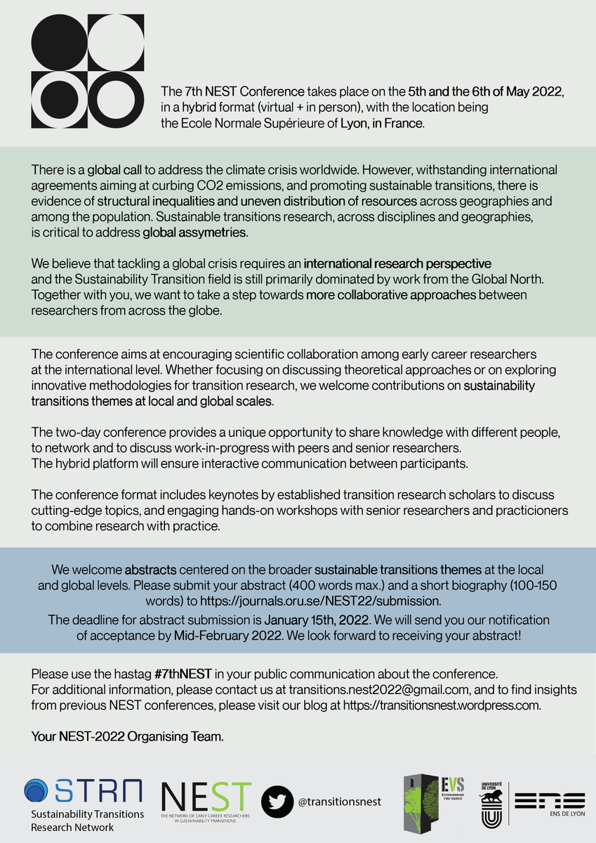 The call for abstracts of #NEST22 #7thNEST is out! See you at @ENSdeLyon ? More details + application can be found here: journals.oru.se/NEST22/index
