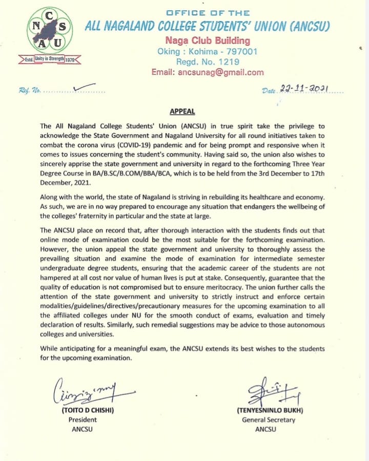 ANCSUOFFICIAL's tweet photo. ANCSU appeal to the State Government &amp; Nagaland University in regard to the forthcoming Undergraduate Examination 2021 https://t.co/ocTyn0LRCJ