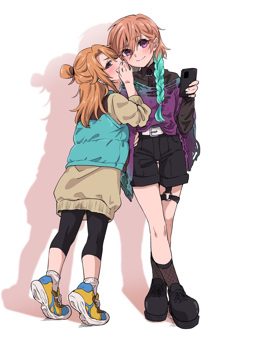 ninomiya asuka multiple girls 2girls sneakers braid phone purple eyes cellphone  illustration images