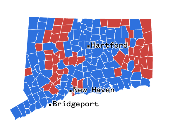 thehowie's tweet photo. Connecticut has a serious outbreak, ongoing. STRIKING how much it aligns with political map, which, in turn, aligns with vaccination rates. https://t.co/qLKxxPqg4T