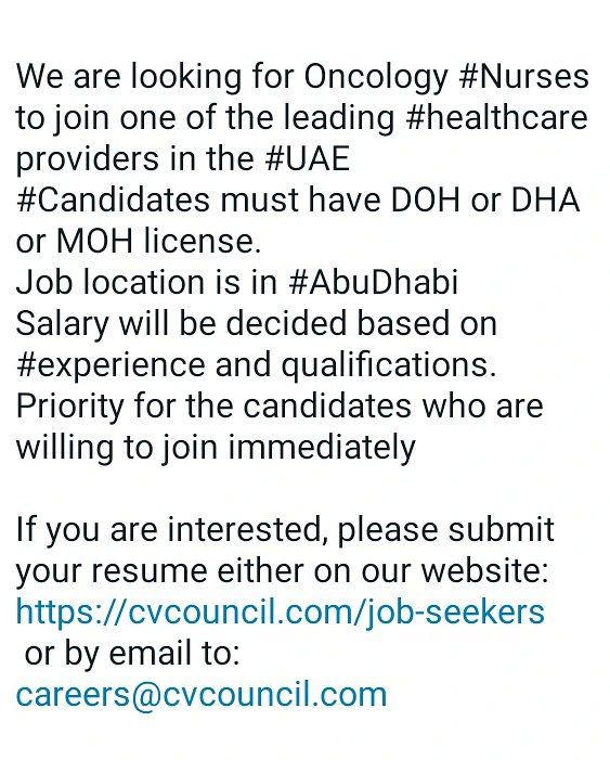 #HIRINGNOW #oncologynurses #nurse 
cvcouncil.com/job-seekers