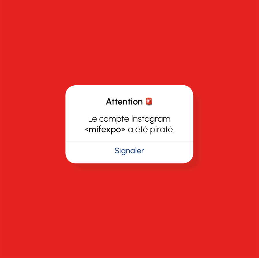 Attention 🚨 notre compte <a href="/instagram/">Instagram</a> "mifexpo" a été piraté. 

Aidez-nous à retrouver l'accès à notre compte en signalant le compte <a href="/instagram/">Instagram</a> "mifexpo" et en retweetant ce post en masse. 

Les meufs du MIF vous remercient 🙏