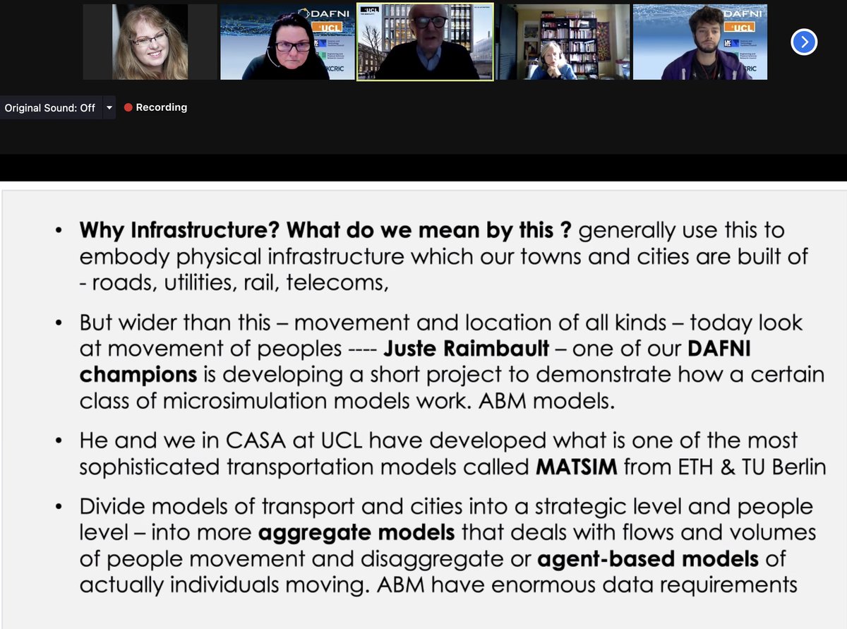 DAFNIfacility's tweet image. In today&apos;s DAFNI webinar on #OpenMole, #MatSim and agent-based modelling, @jmichaelbatty Batty of @CASAUCL introduces urban models and how DAFNI can be used in research. If you&apos;d like to apply for a free academic user account for DAFNI, visit dafni.ac.uk