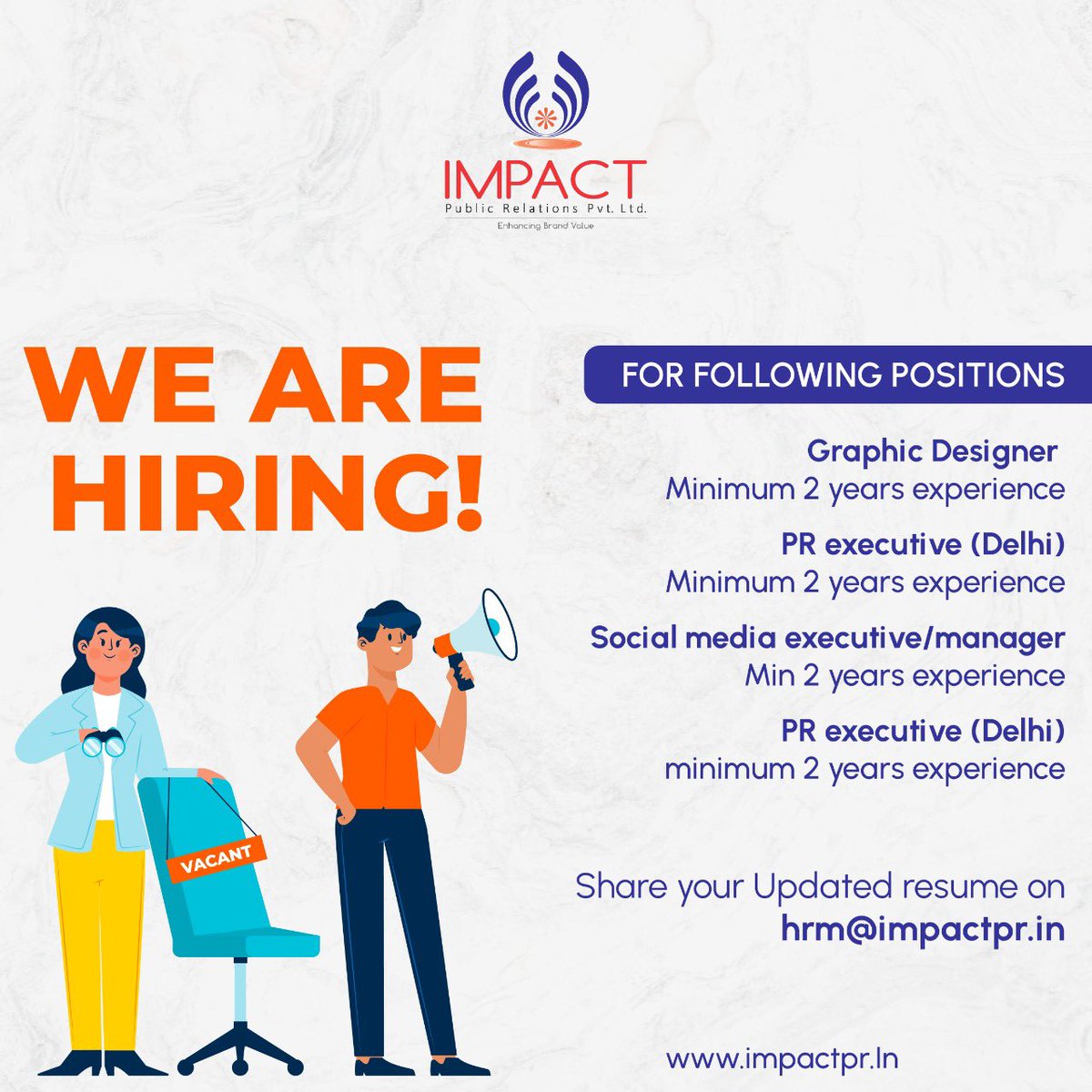ImpactPR's tweet photo. We are looking for you.
We are hiring @impactpublicrelations
.
.
.
#pubicist #pragency #hiringdelhi #hiring #vacancy #socialmediamanager #hiringgraphicdesigner #hiringsocialmediamanager #smm #hiringpune #hiringpublicists https://t.co/0QJy7avqTi