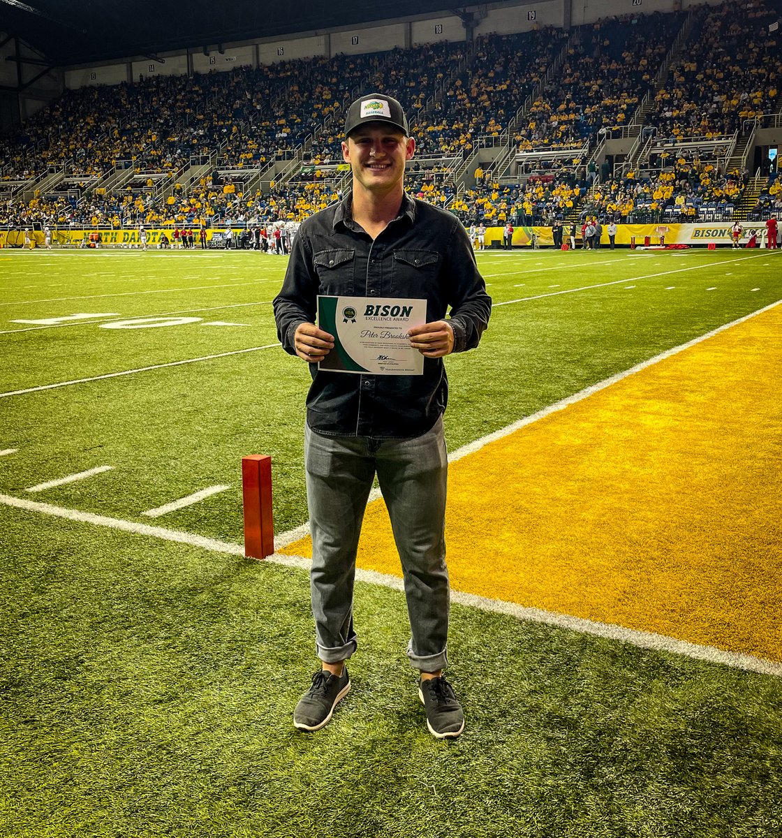 Congratulations to <a href="/NDSUbaseball/">NDSU Baseball</a> infielder Peter Brookshaw on receiving our final Northwestern Mutual Bison Excellence Award. Peter drove in 38 runs while scoring on 49 &amp; tied his own school record for 2 triples in the same game. Peter has been named to academic honor roll twice.