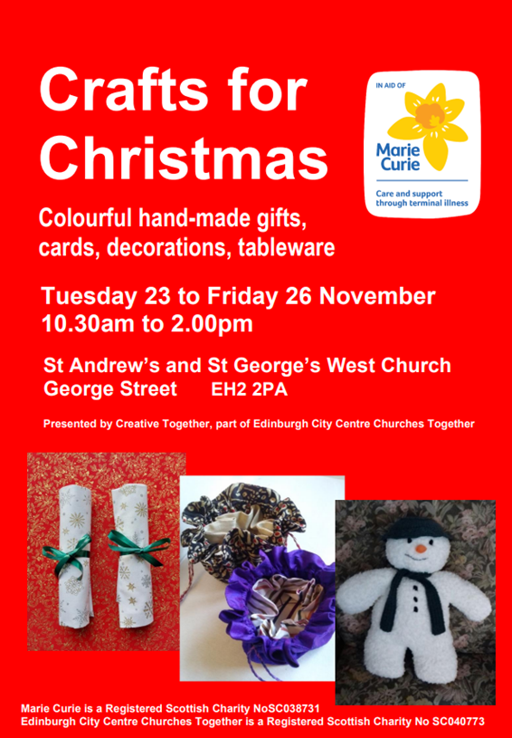 This week we are pleased to have our Christmas Craft Stalls in aid of Marie Curie. If you are wandering along George Street this week why not pop in and do a bit of Christmas shopping while you are at it. Tuesday to Friday 10.30 till 2.