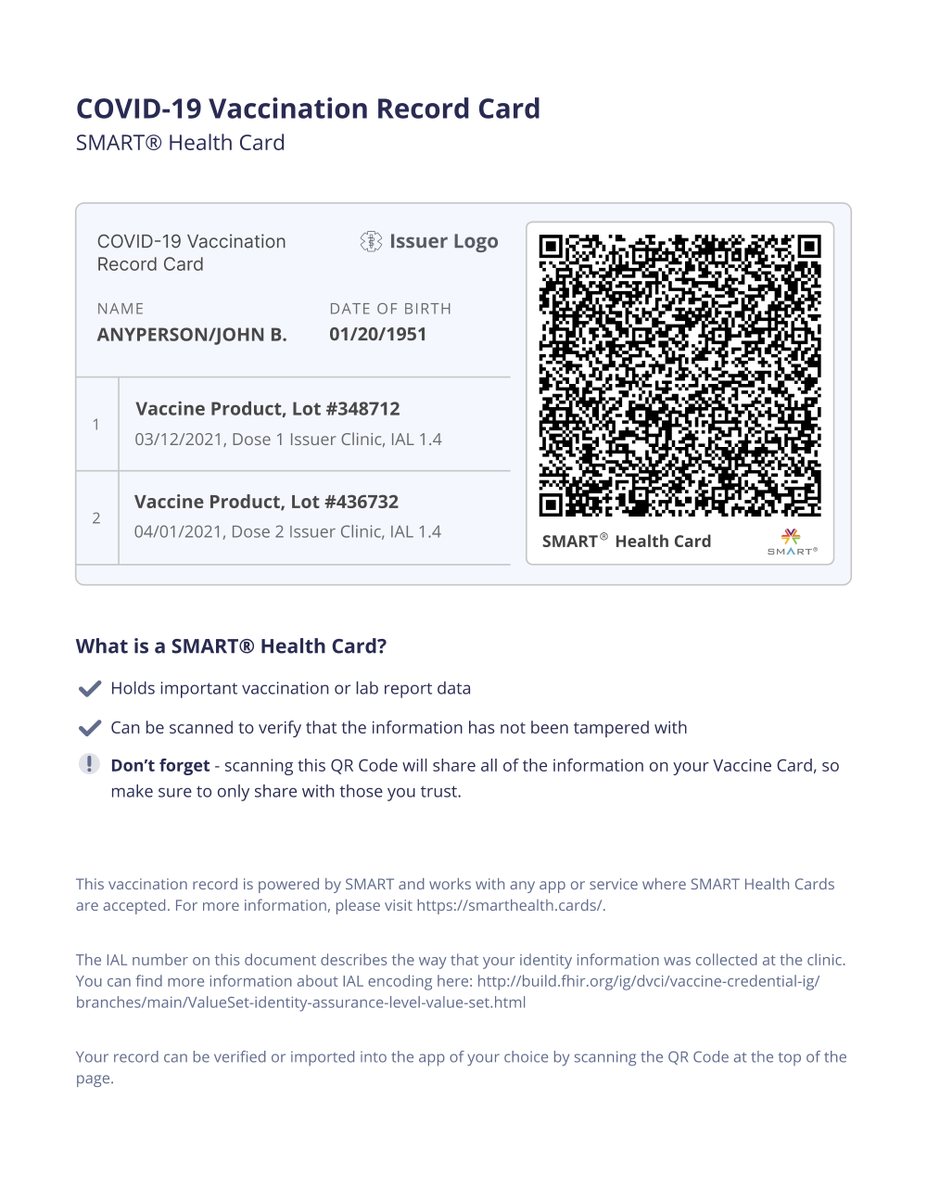 SMARTHealthIT's tweet photo. #SMARTHealthCards provide digital versions of vaccination history or test results, often displayed as a QR code with an adjacent SMART logo. We're working with the community to expand support as individual states, pharmacies, and health systems come online https://t.co/FPJzF3sT0B https://t.co/5YCdy8SPbo