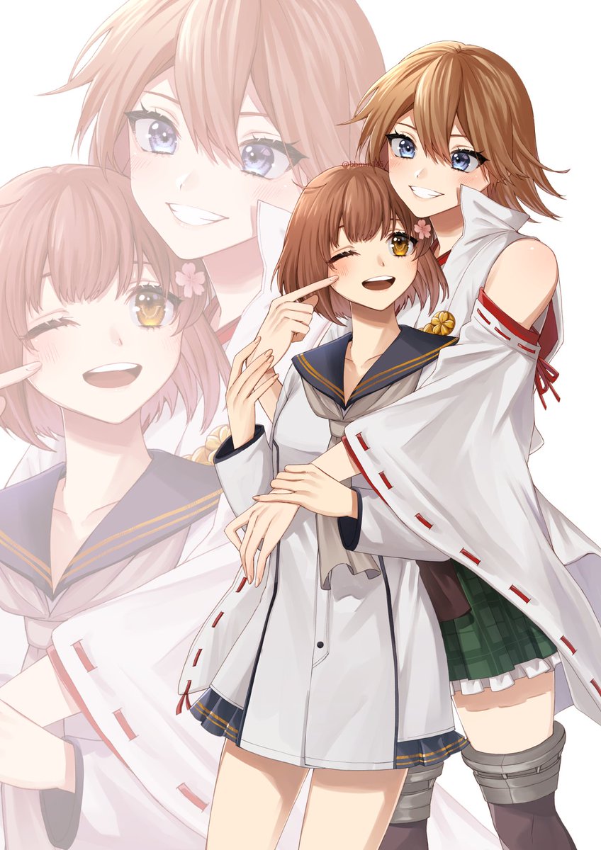 hiei (kancolle) ,yukikaze (kancolle) sailor dress multiple girls brown hair 2girls short hair dress sailor collar  illustration images