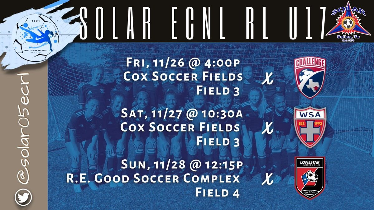 solarecrl05's tweet photo. The time has come, the time is now… here is our schedule for the 34th Thanksgiving Showcase! @solar_soccer https://t.co/ncEXFmjuB5