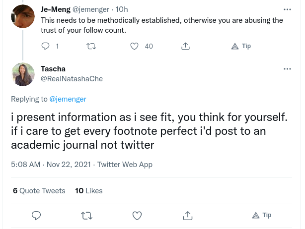 LefterisJP's tweet photo. This is the kind of people who shill you their bags.

1. Make completely false claims regarding #ethereum developer activity
2. @q9fmz points out it's missing activity from a gazillion repos
3. @jemenger calls her out

She says she doesn't need to make sure her facts are straight https://t.co/ApPTWWTAL1