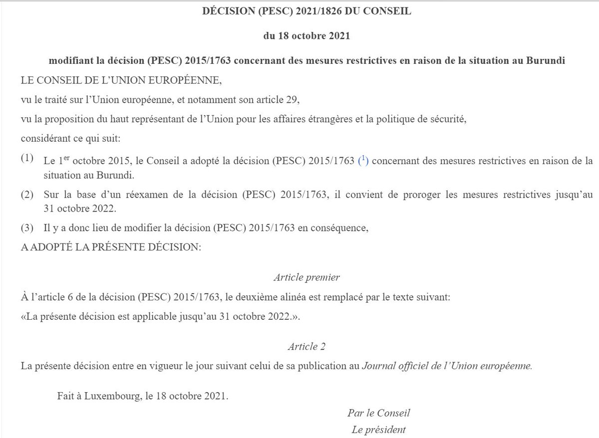 AllianceAnr's tweet photo. @AllianceAnr se réjouit du renouvellement par @eu_eeas des sanctions individuelles qui pèsent sur les proches du @GeneralNeva pour leur rôle dans les crimes contre l’humanité en cours au #Burundi depuis 2015.Les efforts pour le renouvellement des sanctions économiques continuent. https://t.co/cW39981Y08