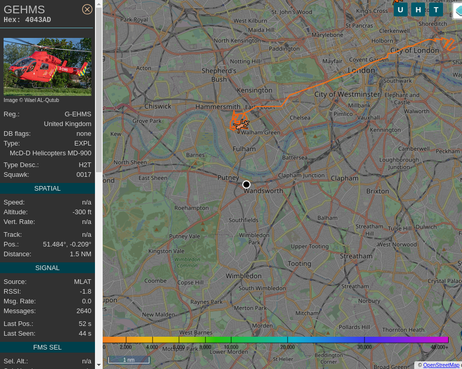 OverPutney's tweet photo. #GEHMS G-EHMS MD Helicopters MD 900 Explorer London Air Ambulance: 1.6 mi away @ 300 ft and 2.0° frm hrzn, heading SW @ 0.0mi/h 14:47:24. #LowFlier #AbovePutney #ADSB #tar1090 https://t.co/WiCsrpZXoA